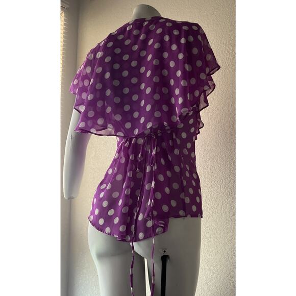 Vintage Y2K Barney Purple Blouse Button Up Ruffle Polka Dots Size M Fall staple - Picture 11 of 11
